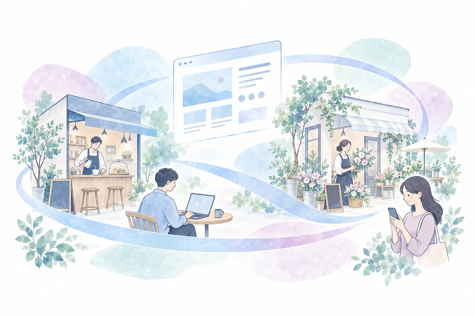 TODOWA公式サイトと同じ、地域のお店とホームページ制作を描いたイメージイラスト